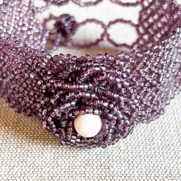 Purple Handbeaded Beadwork Rosette Bracelet - Picture 2 of 5